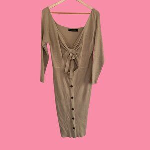 Fashion to Figure 2X beige stretch knit bodycon dress ribbed cutout fall NWT